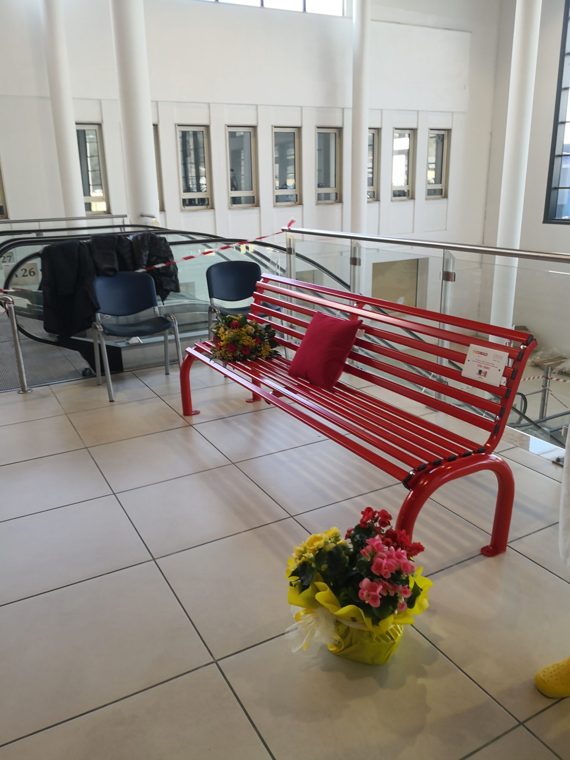 8 marzo. Una panchina rossa nella hall dell’Ospedale San Francesco