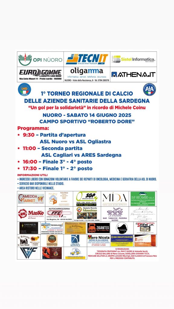 Sabato 14 giugno il 1° Torneo delle aziende sanitarie della Sardegna