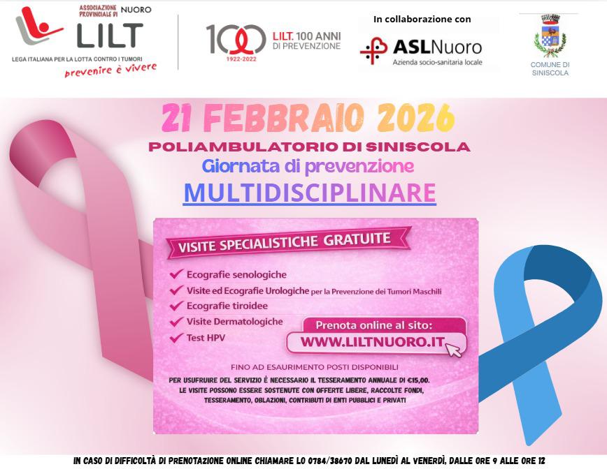 Il 21 febbraio a Siniscola giornata di prevenzione multidisciplinare